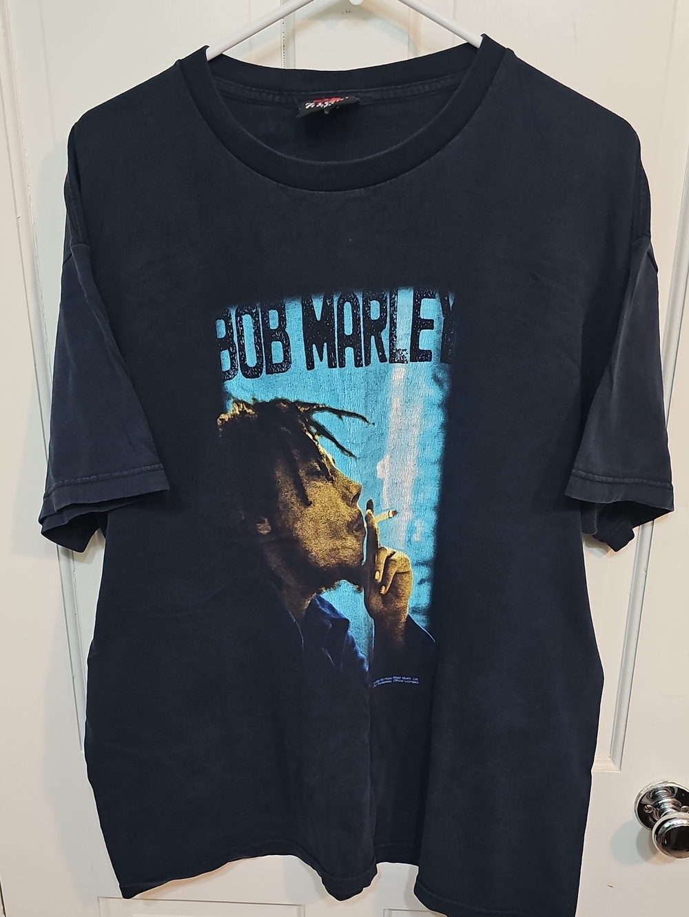 Zion Rootswear Bob Marley Graphic Tee - Black with Blue and Gold Print